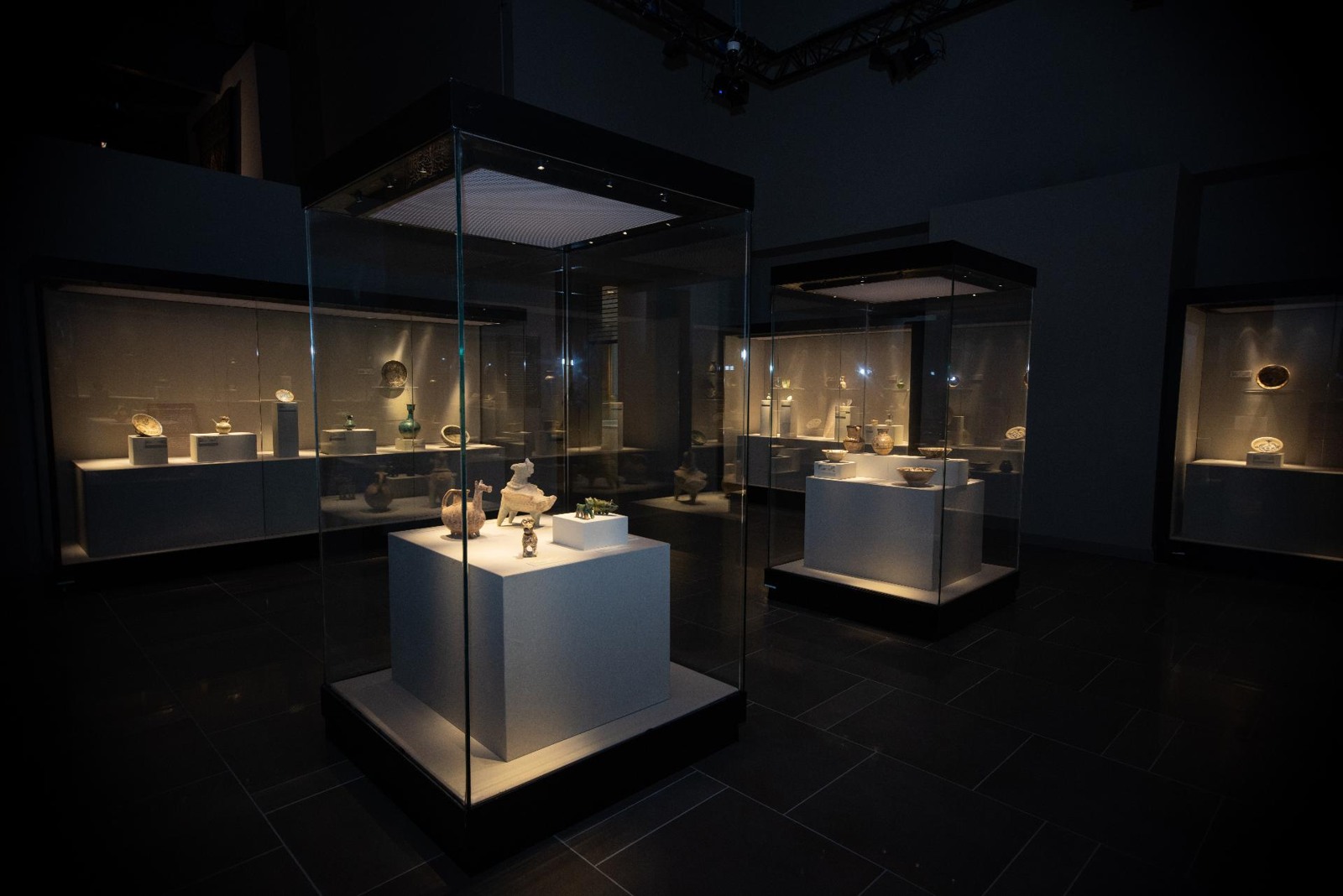 Illuminated display cases in the House of Islamic Arts in Jeddah
