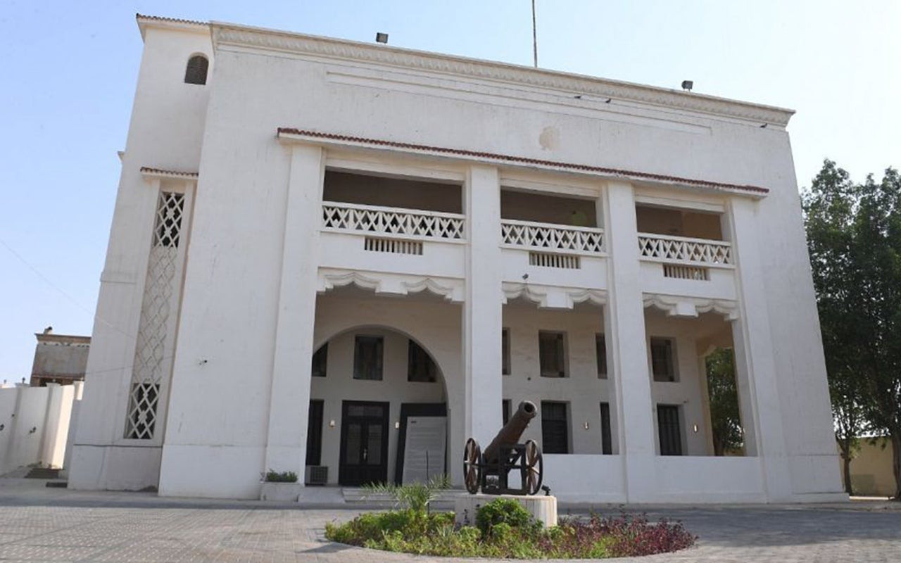 The pale historic entrance facade of Khuzam Palace in Jeddah