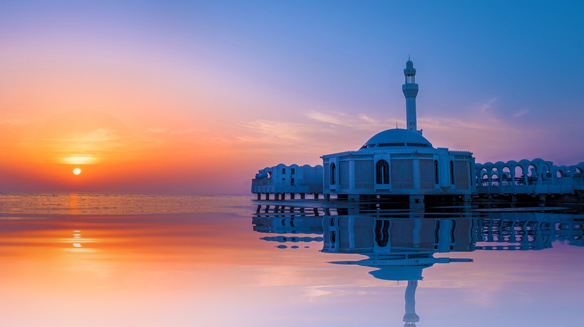 Al-Rahma Mosque over the water at sunset in Jeddah