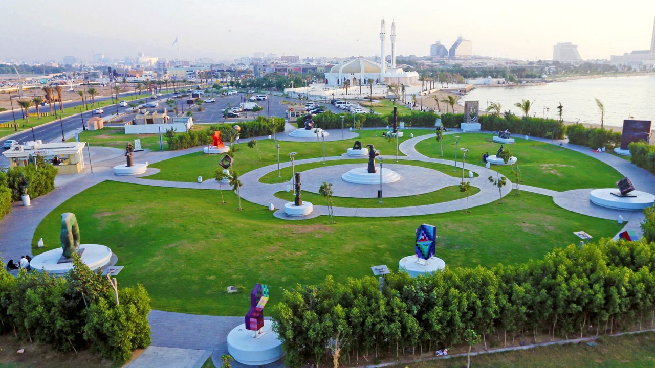 An overview of the historic landscaped sculpture display in Jeddah