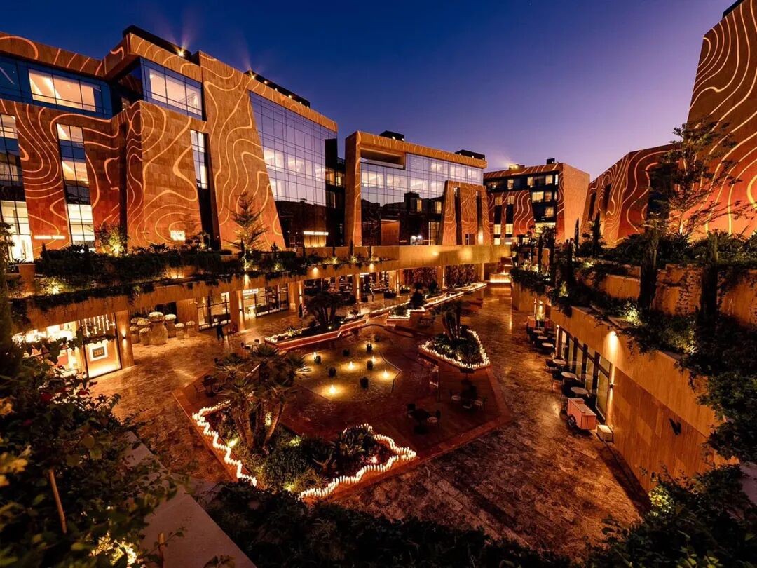 Illuminated architecture and central gardens at VIA Riyadh
